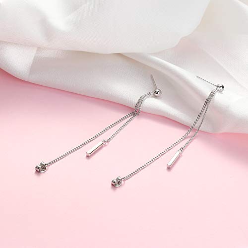 Milacolato 925 Sterling Silver Chain Earrings 14K White Gold Plated Bar Drop Dangle Earrings With Chain Hypoallergenic Threader Chain Stud Earrings For Women Girls #TOP4