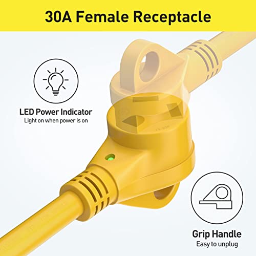 Qnine 30 Amp To 110V Rv Adapter Cord 12", Nema 5-15P Male To Nema Tt-30R Female, Dogbone Electrical Power Adapter With Led Power Indicator, Etl Listed, Yellow #TOP4