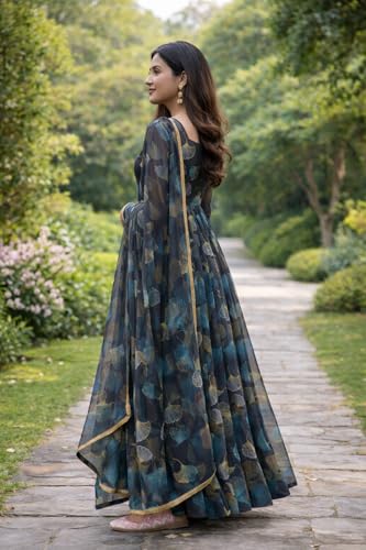 Image of Anveri Textiles Women's Printed Anarkali Gown with Dupatta | Full Sleeve Ethnic Long Dress for Wedding, Party & Festive