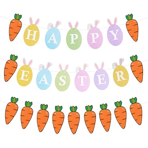 Happy Easter Banner and Carrot Banner Bunny Ear Shape Easter Bunting Garland for Kids Easter Party Decorations Cover