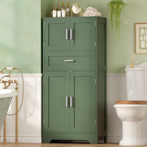 Image of TEENFON Bathroom Floor Storage Cabinet with Adjustable Shelf, Freestanding Storage Cabinet with 4 Doors, Cupboard for Living Room, Home Office, Entryway, Forest Green