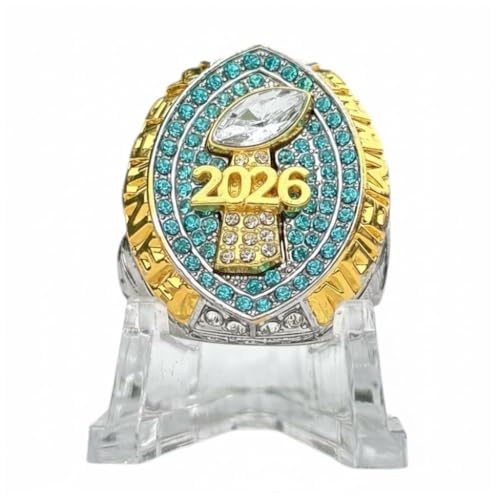 Legacy Rings 2026 Fantasy Football Championship Trophy Ring Gold Silver Tone Award for Fantasy Football League Winner Light Blue Stones (12)