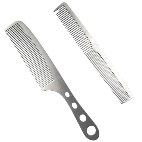 2 Pcs Metal Comb Stainless Steel Fine Tooth Comb Set Barber Combs for Men & Women Anti-Static Heat Resistant Cutting & Styling Hair Comb Hollow out handle Professional Hairdressing Tool Kit