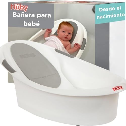 Nuby - Bañera para bebé Dr. Talbot’s desde el nacimiento con soporte antideslizante integrado y reposacabezas suave – Bañera infantil para ducha y baño del bebé – Blanco y gris