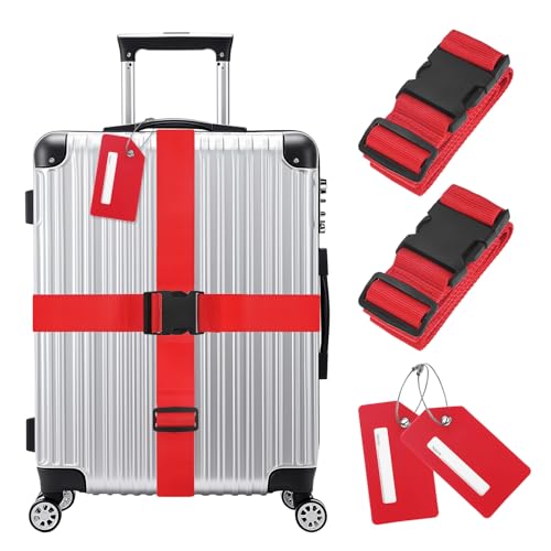 Image of M METERXITY 2-Sets Luggage Straps TSA Approved, Travel Straps for Luggage Suitcase Tags Set, Adjustable Suitcase Belt [Red]