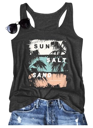 Women Vintage Beach Graphic Racerback Tank Top Summer Vacation Hawaiian Sunset Sun Sand Sleeveless Basic-Fit Shirt Cami