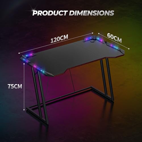Gaming Tisch mit LED 120 x 60 cm, Gaming Schreibtisch mit Kohlefaseroberfläche, Stabiler Computertisch für Gaming, Kohlefaser Schwarz – Bild 4