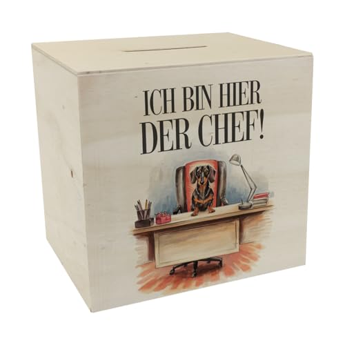 Hier ist der Dackel der Chef Spardose aus Holz - Dackel auf Bürostuhl Lustige Sparbüchse für Bürohund-Fans