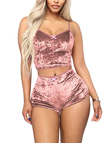 Women's Velvet 2 Piece Outfit Spaghetti Strap Backless Crop Top and Bodycon Shorts