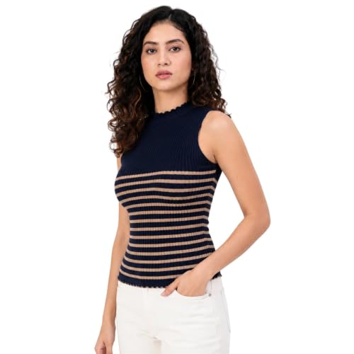Image of Kalt Womens Knitted, Ribbed Cotton Fitted Sleeveless Round Neck Cami Tank Top