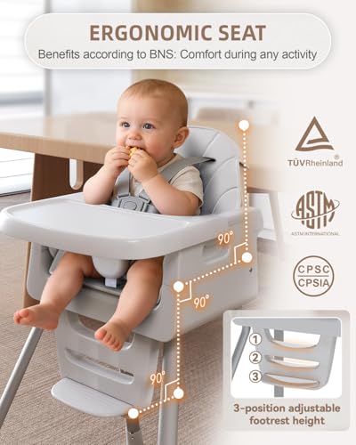 Image of Baby High Chair for 6 Months+, Foldable High Chairs for Babies and Toddlers, Convertible High Chair, Adjustable Tray & Footrest, Portable High Chair & Easy to Clean(Gray)