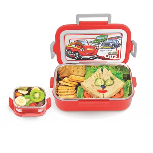 Image of SignoraWare Buster Stainless Steel Lunch Box | Airtight & Leakproof | Durable & Odorless | Ideal for Office, School & Travel Use | Easy to Clean & Carry (850ml + 130ml | Red)