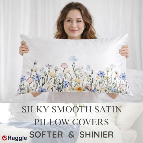 Image of RAGGLE Satin Silk Pillowcase for Hair and Skin Standard Size 18 inchX 28 inch with Soft Breathable Smooth Cooling Pillow Covers for Sleeping or Pillow Protector (2, Cream Printed)