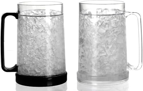 Doytn Double Wall Gel Frosty Freezer Ice Mugs Clear 16oz Set of 2 (Black and White)