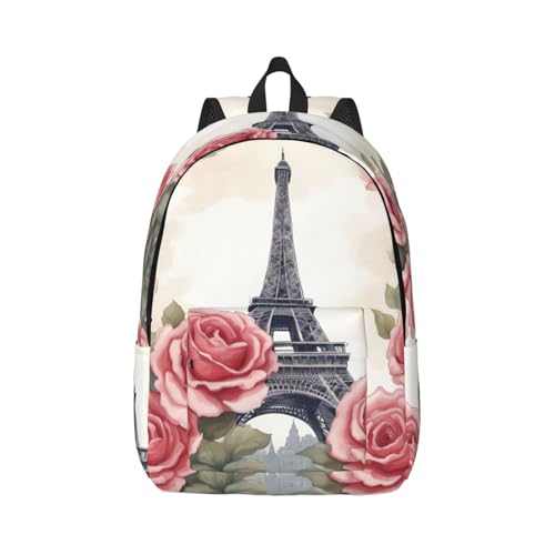 Vbcxza Mochila de lona con estampado de rosas de la Torre Eiffel, tamaño mediano y pequeño, perfecta para senderismo, viajes y uso diario, Black, S, Mochilas rucksack