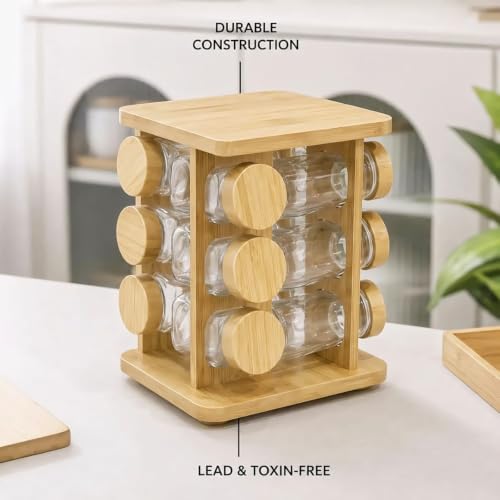 Image of 360 Rotating Spice Rack Organiser, 2-Tier Bamboo Stand with 8 Glass Jars, 250ml Each, BPA Free, Kitchen Storage (12 Glass Spice Jars & Bamboo Lids)