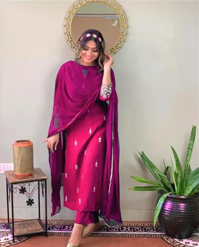 Image of Women Premium Collection Rayon Embroidered Straight Kurta Pant Dupatta Festive Ethnic Apparel Set