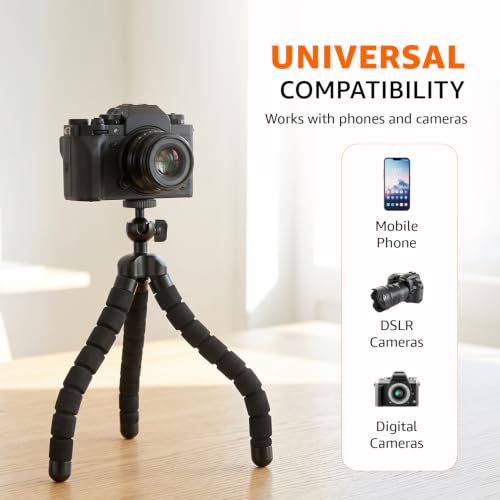 Image of Amazon Basics Flexible Gorillapod Tripod for Cameras & Mobile Phones, Premium Metal Legs with 360 Ball Head & Phone Holder, Max Load 3kg, Portable for Travel, Hiking & Vlogging