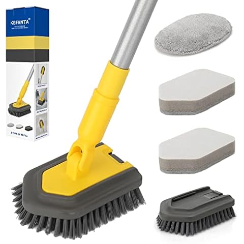 Bathroom Tile Cleaner,3 in1 Shower Cleaning Brush,Long Handle Scrubbing Brush 147cm,Stiff Bristles Tub Tile Scrubber Brush Sponge+Microfiber Pad, Cleaning Bathroom Tub Tile Sink Wall Cover