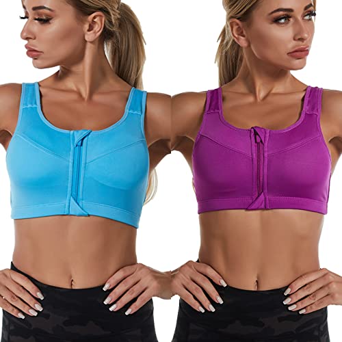 Jamron Donna Taglie Forti Set di 2 Reggiseni Sportivi Alto Impatto - Cerniera Frontale Reggiseno Senza Ferretto con Imbottito Removibile per Yoga Fitness Jogging Blu + Viola L