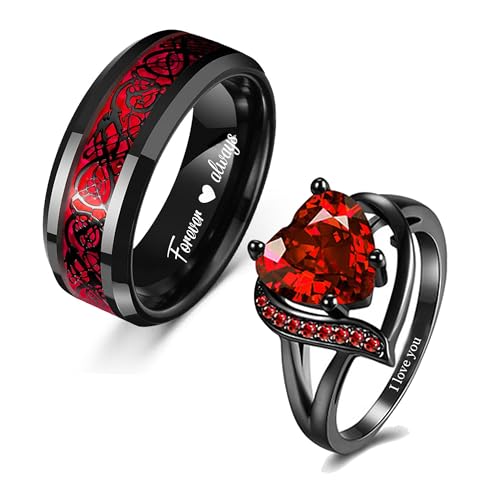 Custom Engraved Couples Rings Set Promise Rings for Him and Her Red and Black Matching Wedding Rings for Engagement Sets Celtic Dragon Tungsten Ring Red Ruby Rings for Women,Size 6-13