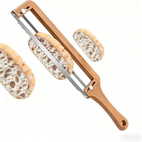 OUGPIU Cortador de pan para pan casero, cuchillo de madera ajustable para pan de masa madre con guía de grosor, herramientas de corte para bagels de masa madre crujiente, baguette, uso ambidiestro