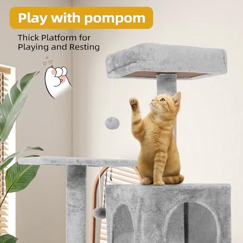 Image of 54inch Large Cat Tree Tower Condo with Hammock for Indoor Cats, Soft Plush Multi-Level Climbing Tree Cat House with Cat Cave, Scratching Post, Sisal Rope, Light Grey