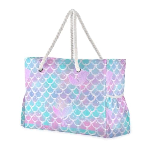 Mermaid Tail Beach Bag & Travel Tote Bag Large Sandproof with Zipper Closure, Wet Pouch for Swim Gym Travel, Lightweight Foldable Outdoor Bag