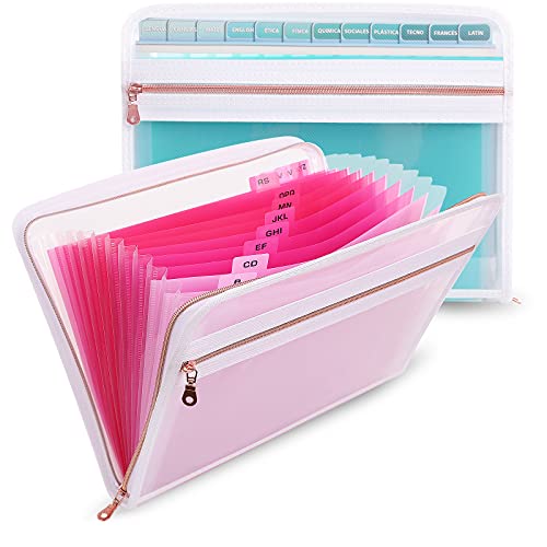 SKYDUE 2 Pack 13 Pocket Expanding File Folder with Zipper Closure,Accordion File Organizer with Tabs,Letter A4 Paper Document Organizer