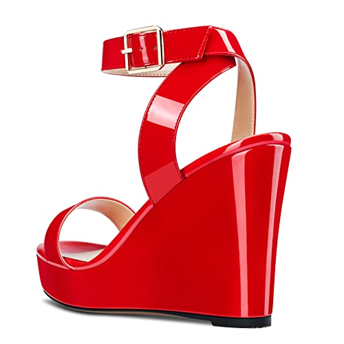 Image of Aachcol Women Platform Wedge Sandals Round Peep Open Toe Ankle Strap Slingback Two-Piece Chunky Block High Heel Dress Shoes Pumps Party Patent 4 Inch