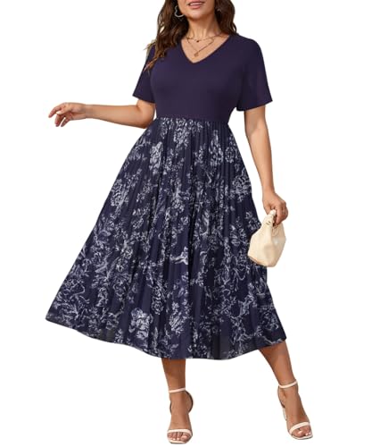 Image of CARCOS Plus Size Dresses for Women Summer Short Sleeve V Neck Patchwork Dresseses XL-5XL