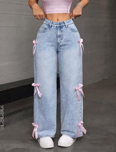 Women Wide Leg Baggy Jeans High Waisted Bowknot Embroidery Denim Pants Straight Leg Boyfriend Trendy Streetwear2