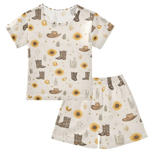 ALAZA Cowboy Boots Cactus Sunflower Pajamas Set Short Sleeve Cotton Sleepwear Summer Pjs 2 Piece 5-14Y