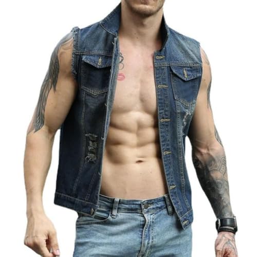 Mens Denim Vests Sleeveless Slim Fit Ripped Distressed Button Down Jean Vest Jackets