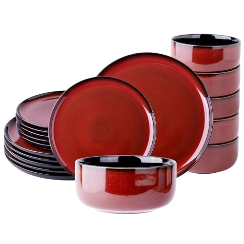 Image of LeRatio Ceramic Dinnerware Sets for 6,Porcelain Plates and Bowls Sets,Handmade Reactive Glaze Dishes Set,Chip Resistant and Scratch Resistant | Oven&Dishwasher & Microwave Safe-Red(18PCS)