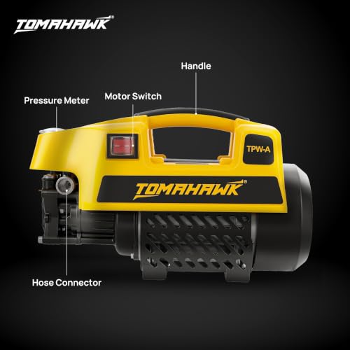Image of Tomahawk TPW-A Induction Motor Pressure Washer - 130 Bar High Pressure, 1900W Deep Cleaning Power | 1-Line Compact Washer with 8m Hose, Pressure Gauge & Foam Bottle for Car, Bike & Home