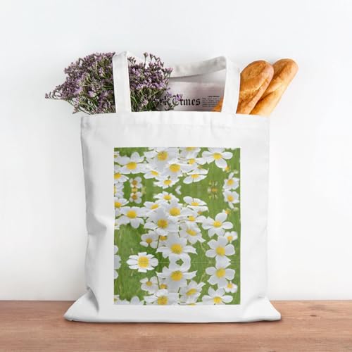 Floral Flowers Daisies Print Canvas Shopping Bag Large Capacity Handbag For Books, Mobiles, And More3