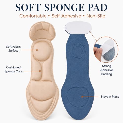 Image of Heel Cushion Inserts for Women - Soft Sponge Shoe Pads for Loose Shoes, Arch & Metatarsal Pain Relief, Comfort Insoles for High Heels (Fits Women 4.5-9.5, Beige)