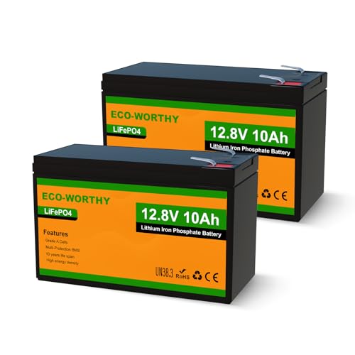 Image of ECO-WORTHY 2 Pack 12V 10Ah LiFePO4 Lithium Battery, 3000+ Deep Cycle Rechargeable Battery, Perfect for Lighting, Fish Finder