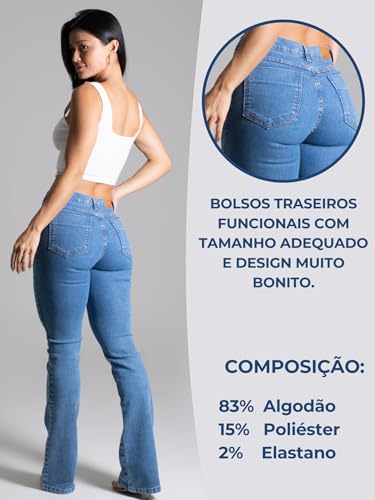 Calça Jeans Feminina Flare Sawary Bootcut Boca de Sino Lycra Elastano Original Moda Feminina (BR, Ci