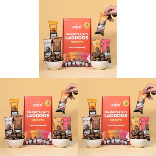 Image of EAT Better CO Assorted Laddoo Box-24 Laddoos in 6 Different Flavors|95% Dry Fruits|Sugar-Free|100% Natural|Energy Bar Replacement|High Protein & Instant Energy-Healthy Snacks, 240 Gram (Pack of 3)