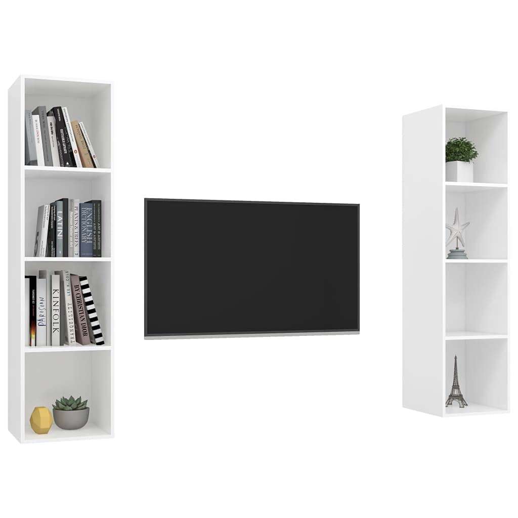 Meuble TV mural blanc 2 pièces avec 4 compartiments, meuble Hi-Fi pour systèmes audio, organisation spacieuse, montage mural horizontal ou vertical, matériel