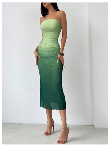 Image of GORGLITTER Women's Sunset Ombre Strapless Cocktail Bridal Shower Midi Dress | Orange Wedding Guest Dress, Mesh Tube Dress, Bridesmaid Dresses, Vacation Beach Sundresses,