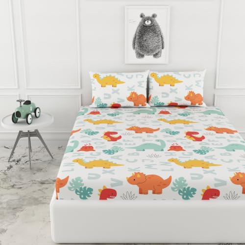 Image of LORETO - A QUALITY LINEN BRAND 144 TC 100% Pure Cotton King Size Fitted Bedsheet with 2 Pillow Covers for 72 x 72 Inch, All-Around Elastic, 8 Inch Deep Pocket, Orange & Mint Alphabet Dino Play