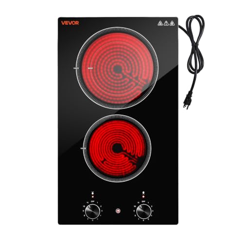 Image of VEVOR Electric Cooktop 12in 2 Burners Portable Stove Top 1800W 120V Plug In, Ceramic Countertop /Built-in Radiant Electric Stove, with 11 Power Levels, Over-Heat Guard, Knob Control
