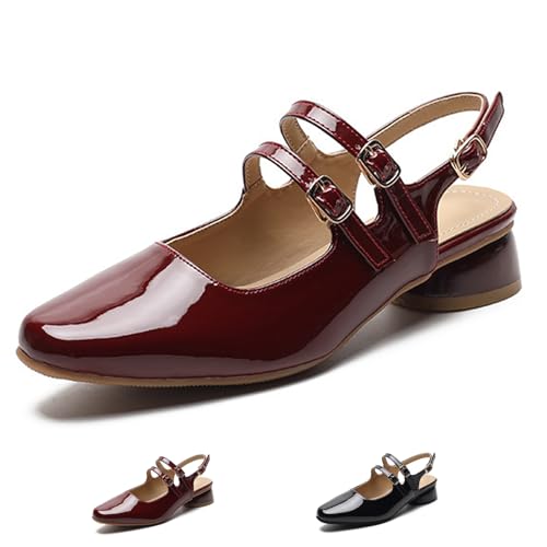 Women's Chunky Low Heel Slingback Mary Janes,Closed Round Toe Sexy Adjustable Ankle Buckle Slip On Sandals Dressy Party Wedding Fashion Pumps