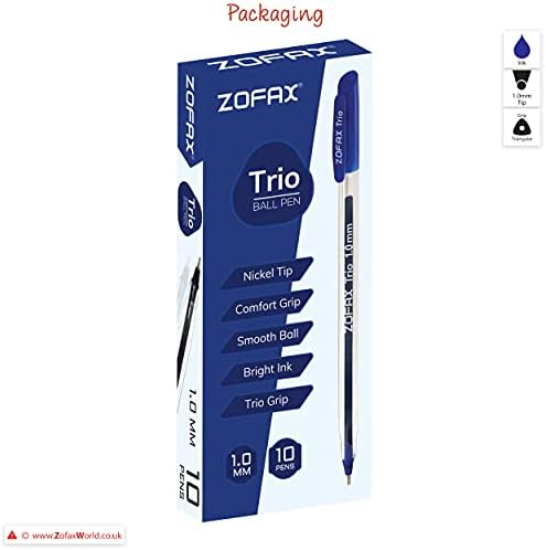 ZOFAX Trio Ballpoint Pens, BLUE, 1.0mm Medium Point, Pack of 10, Triangular Comfort Grip, Smooth Writing, Office School Home Value Biros Ball Pens