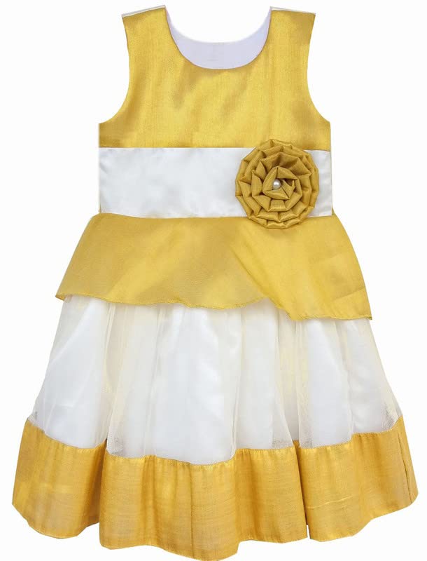 Image of Stanwells Kids Baby Girls Frocks Knee Length Birthday Net Flared Ruffle Pattern Sleeveless Traditional Embroidery Western Frock Princess Birthday Dress for Girls (Light Gold 6 Months-7 Years)