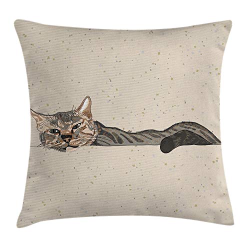 Ambesonne Cat Throw Pillow Cushion Cover, Lazy Sleepy Cat in Earth Tones Furry Mascot Indoor Pet Art Illustration, Decorative Square Accent Pillow Case, 20