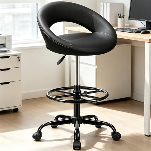 Image of Ergonomic Drafting Chair for Standing Desk - Height Adjustable Tall Rolling Stool with Foot Rest, Back Support & PU Leather, 360 Swivel Wheels for Home Office Kitchen Counter Salon, Black
